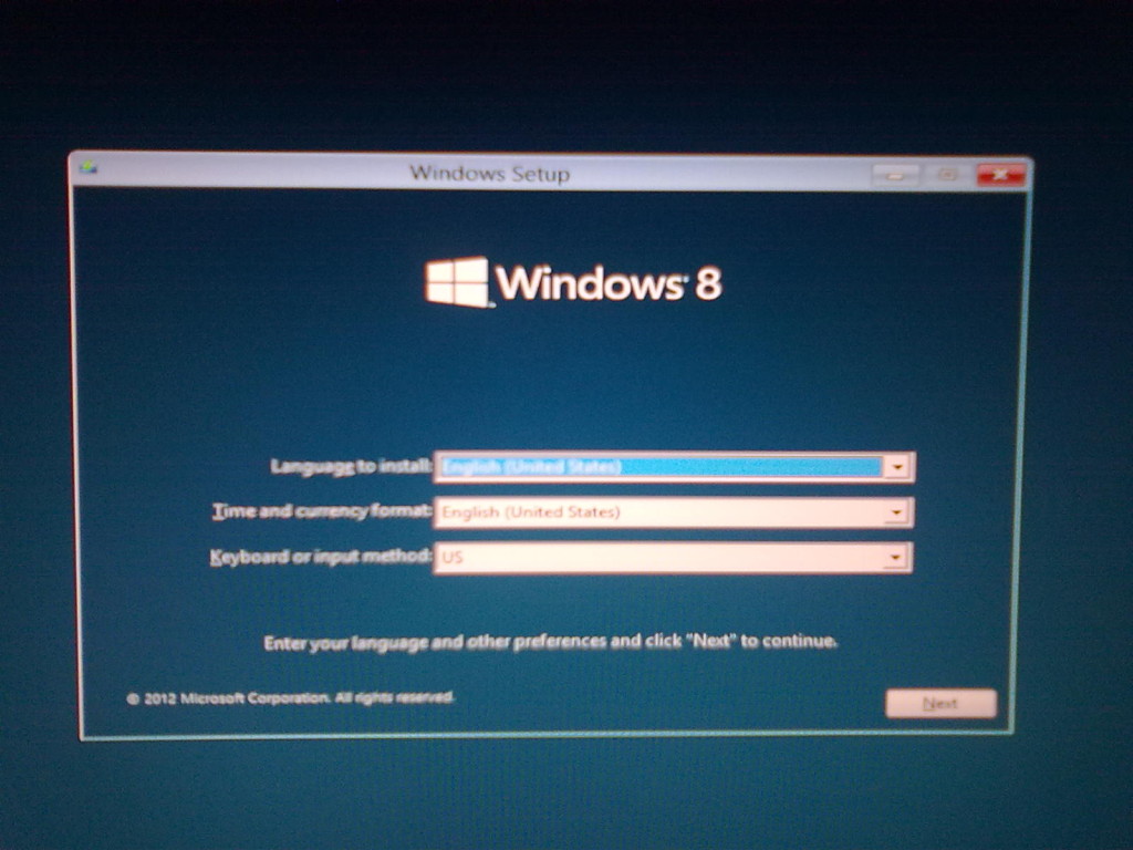 Windows 8 Istallation Setup Screen