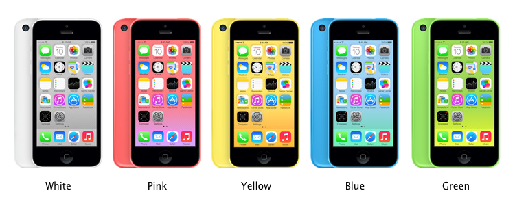 Apple iPhone 5C with its 5 variants (White, Pink, Yellow, Blue, Green)